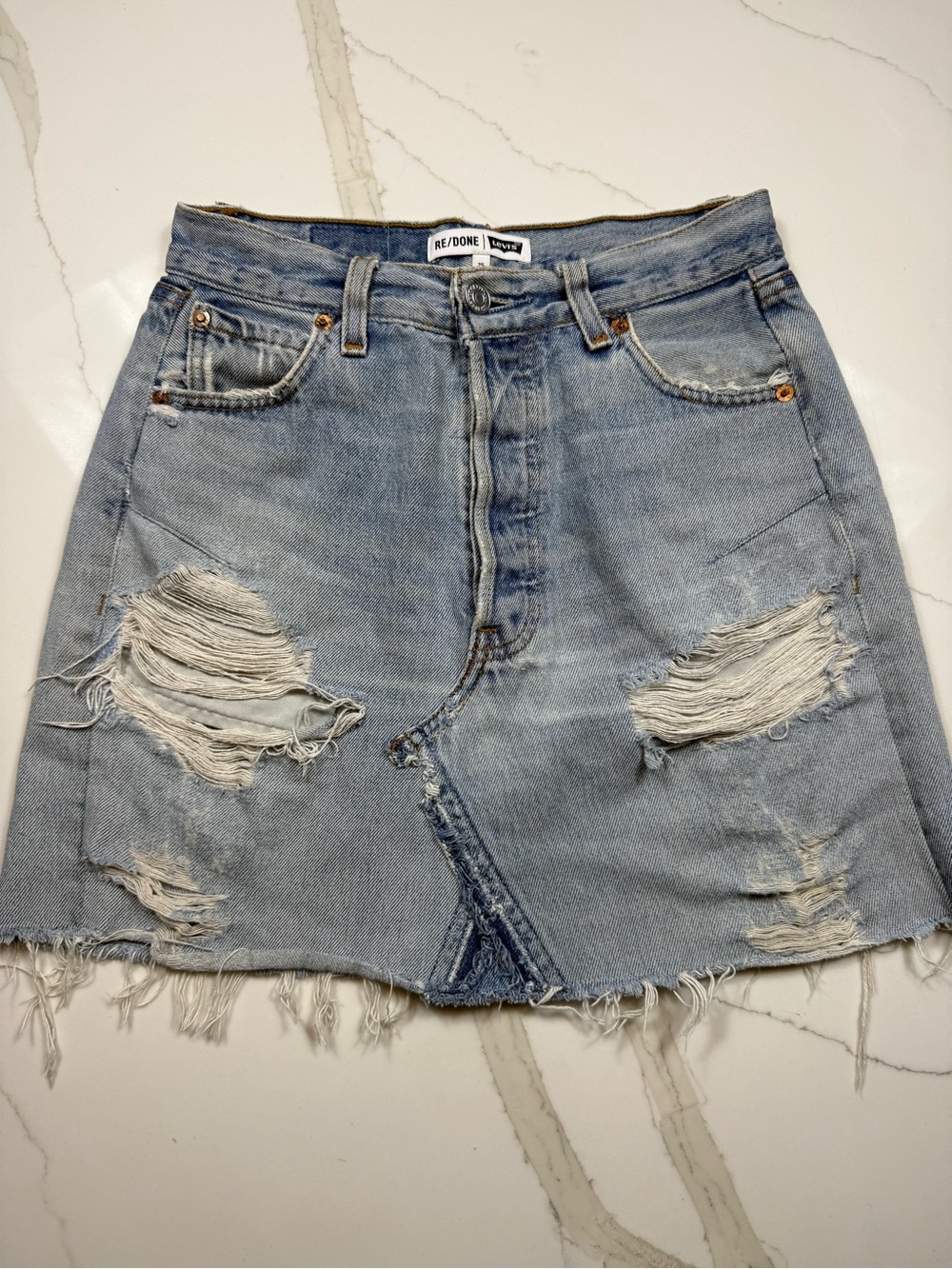 Re/Done Light Blue Distressed Denim Mini Skirt